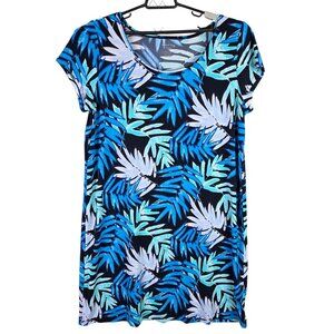 Womens White Stag Blue Tropical Leaf Print Dress Short Sleeve Polyester XXL